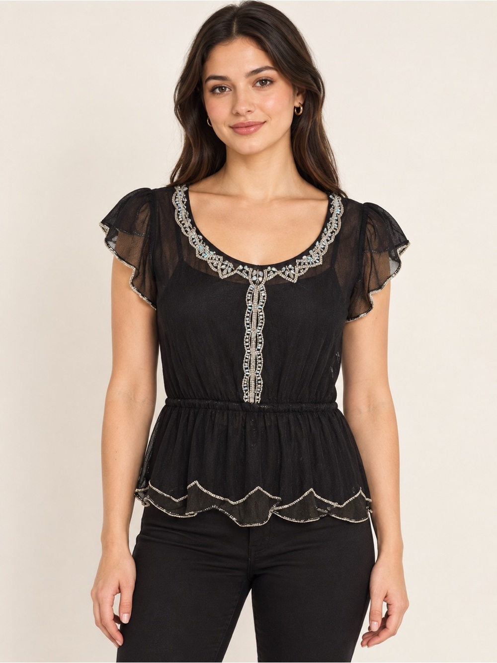 Black Beaded Sheer Flutter Sleeve Peplum Blouse Romantic Evening Top by Pinky
